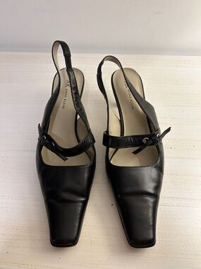 Anne Klein Black Leather Slingback Mules with Square Toe
